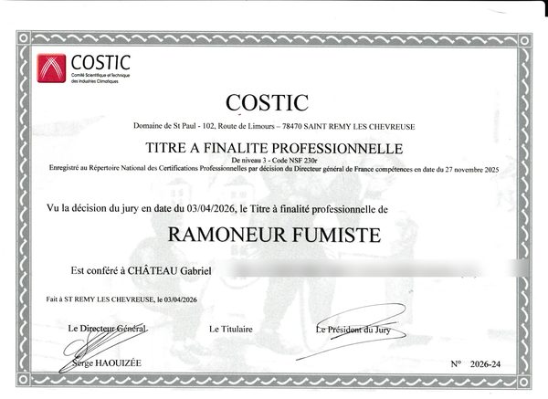 Diplôme COSTIC de Ramoneur Fumiste